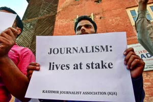 A protest against the continuous detention of a local journalist in Srinagar, in indian-occupied Kashmir, in 2018.Credit-Saqib Majeed/SOPA Images