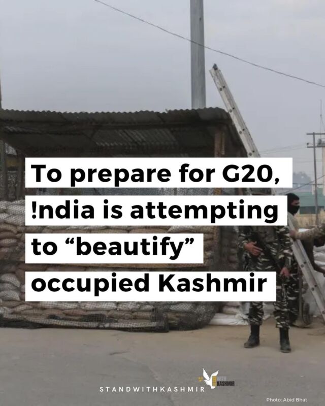 The Indian government has taken active steps to project the image of peace. In addition to increased arrests and detentions before the G20, there have also been reports of the government engaging in a “beautification” campaign, cleaning up and decorating certain parts of the city of Srinagar in an effort to present a more positive image to international visitors. 
Read more on our blog, link in bio!
#G20 #LandGrab #SettlerColonialism #FreeKashmir #decolonizeKashmir