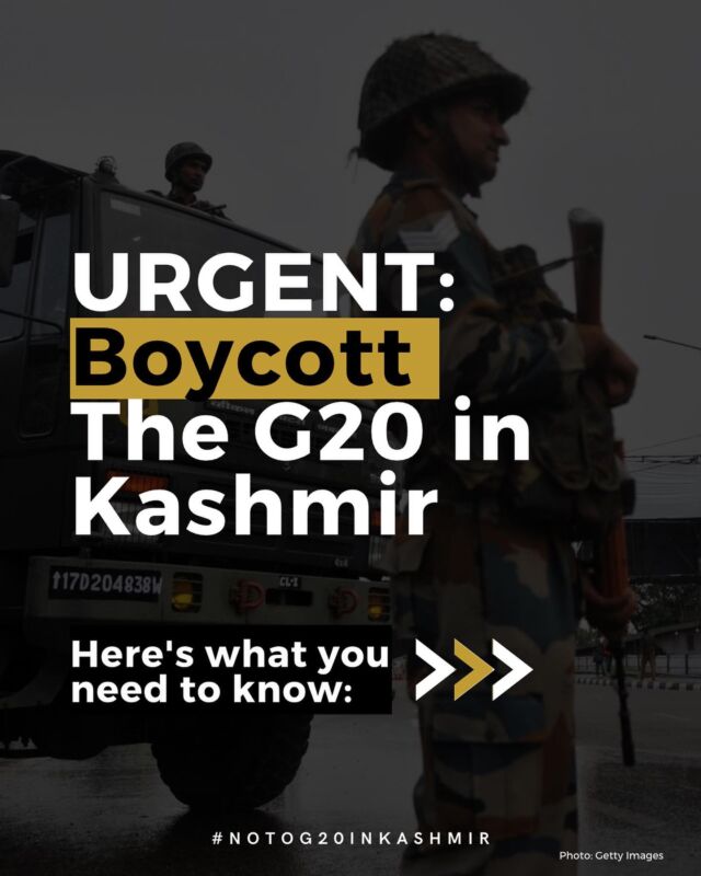 As this year’s host of the G20 summit, India is holding a series of meetings across the country. One of these meetings, on May 22-24, will be held in occupied Kashmir as part of the Tourism Working Group. Over 100 international delegates from the member countries of the G20 are expected to arrive in Srinagar, where they will discuss the use of digital technology for cultural preservation, amongst other topics. The coalition to boycott the g20 in Kashmir, in solidarity with the people of Kashmir who are seeking an end to India’s brutal occupation and their right to self-determination, demand that all member countries and their delegates BOYCOTT the G20 meeting that will be held in Kashmir. Learn about what's happening, share this with your networks and act today!
**If our website is blocked in your region please access the website nog20inkashmir.com**
Coalition partners include @standwkashmir , @kashmirlawjustice, Kashmir Scholars Consultative and Action Network, @projectsouthatl, @thepolisproject , International Defenders Council, @wolpalestine , @wearedissenters #nog20inkashmir #boycottg20inkashmir.