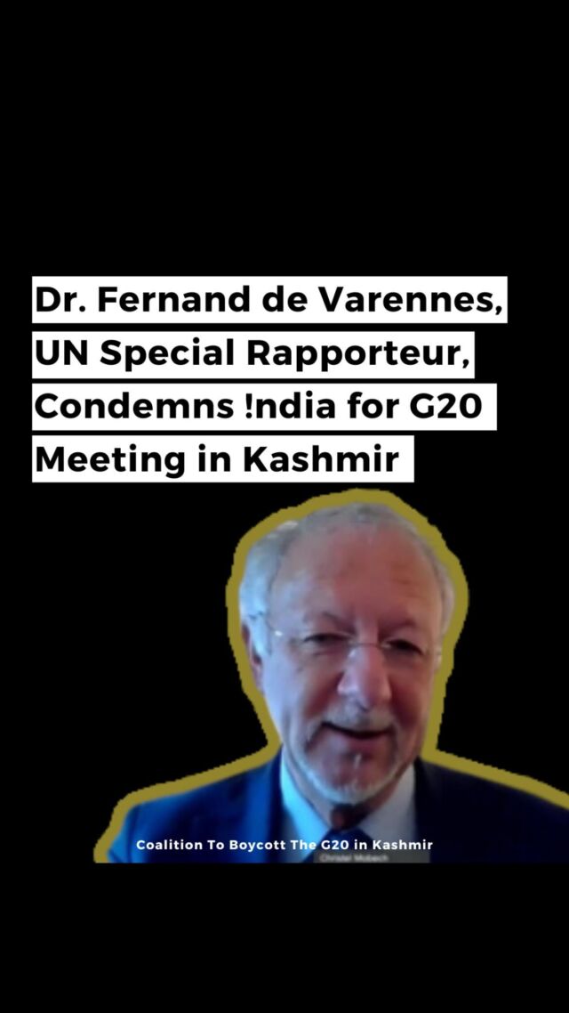 As this year’s host of the G20 summit, India is holding a series of meetings on May 22-24, in occupied Kashmir as part of the Tourism Working Group. Over 100 International delegates from the member countries of the G20 are expected to arrive in Srinagar, where they will discuss the use of digital technology for cultural preservation, amongst other topics.
Here is a sneak peek of our conversation with Dr. Fernance de Varennes, the United Nations Special Rapporteur on Minority Issues, on his recent statement on the G20 meetings in Kashmir, the ground realities and the way forward. 
Join us at 11PM UTC on May 22 to watch the entire webinar with @fernanddevarennes , suchitravijayan, @aziakashmir and Goldie Osuri. Follow our Facebook and Youtube to be notified when we go live. 
•
•
•
The coalition to boycott the g20 in Kashmir, in solidarity with the people of Kashmir who are seeking an end to India’s brutal occupation and their right to self-determination, demand that all member countries and their delegates BOYCOTT the G20 meeting that will be held in Kashmir. Learn about what’s happening, share this with your networks and act today!
**If our website is blocked in your region please access the website nog20inkashmir.com**
Coalition partners include @standwkashmir , @kashmirlawjustice, Kashmir Scholars Consultative and Action Network, @projectsouthatl, @thepolisproject , International Defenders Council, @wolpalestine , @wearedissenters @ampalestine #nog20inkashmir #boycottg20inkashmir.